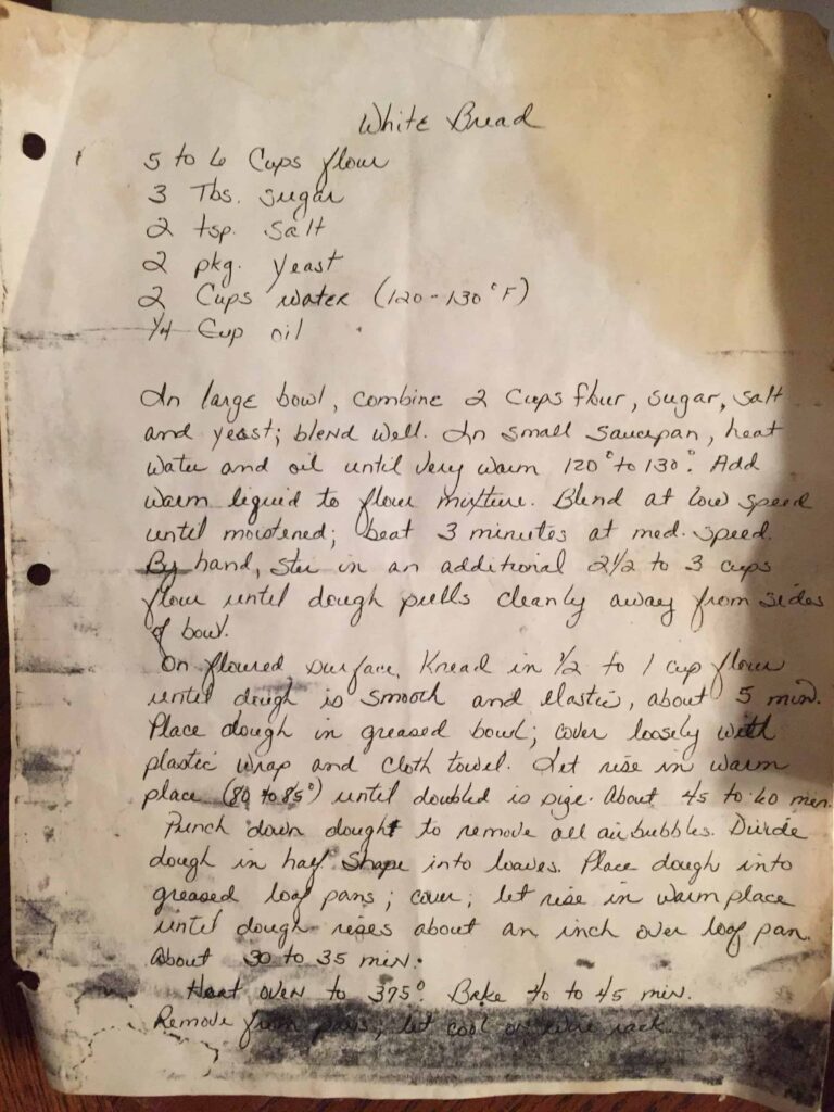 Picture of old, handwritten recipe for white bread